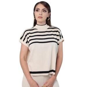 Boxy Fine Knit Top Size Medium Beige with Black Stripes Slit Sleeve High Neck